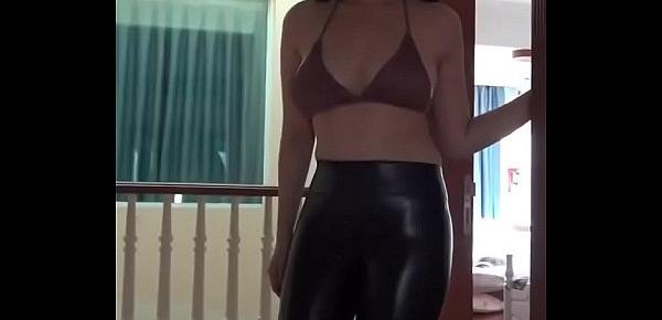  Beautiful booty Asian in shiny latex leggings!
